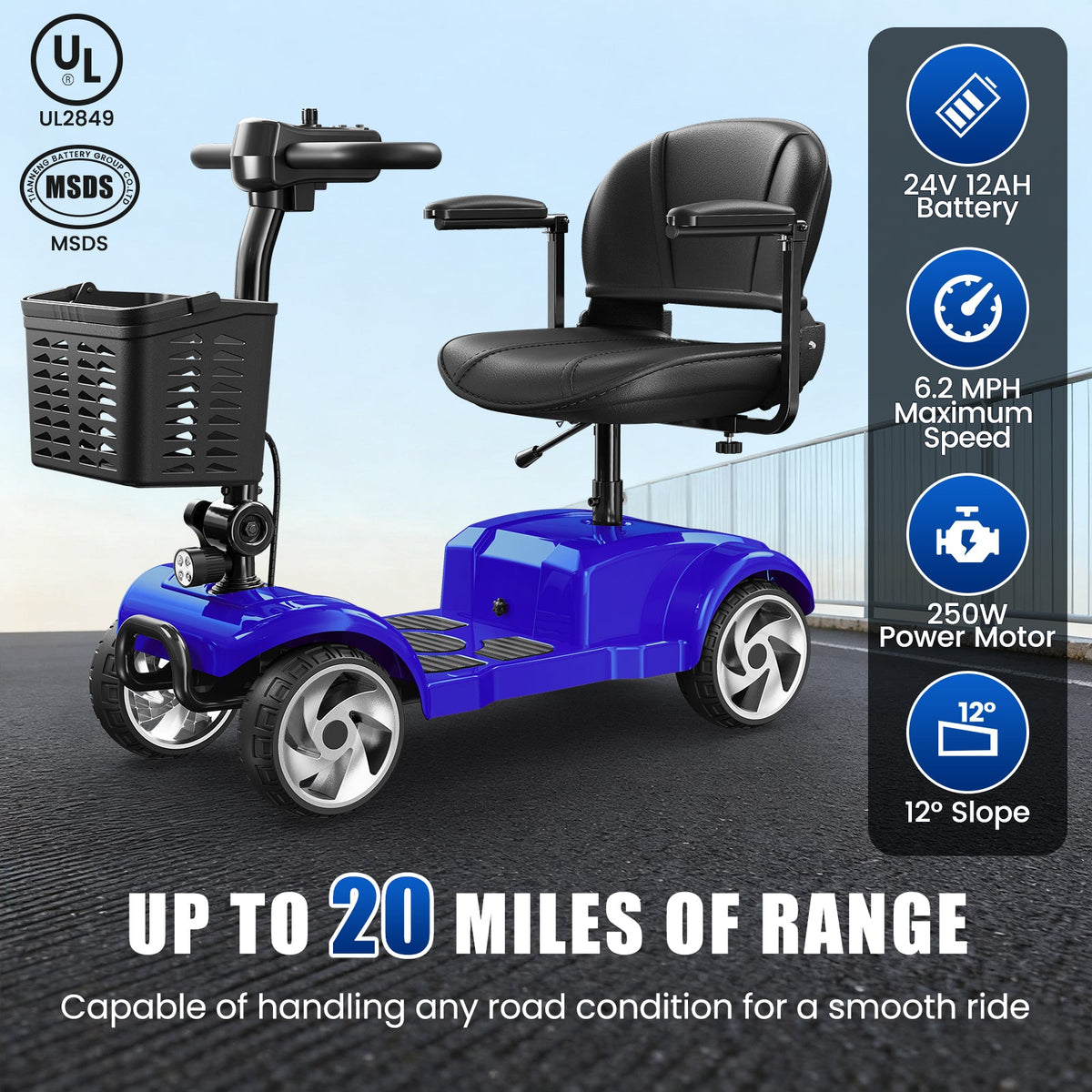 SwiftEco 4 Wheel Electric Mobility Scooter With 30 Miles Long Range & Basket