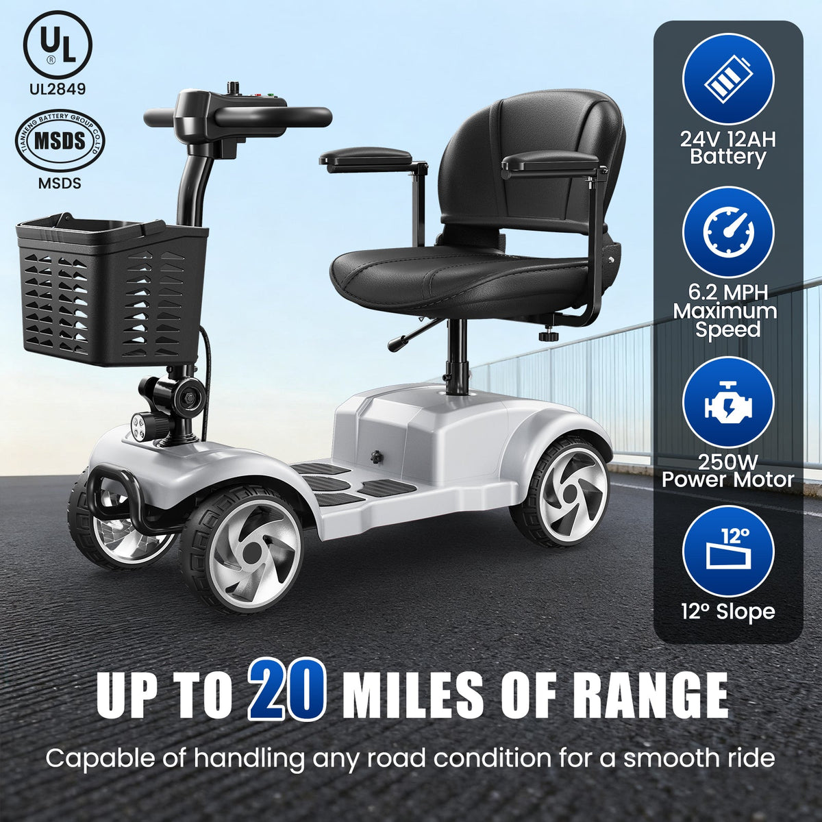 SwiftEco 4 Wheel Electric Mobility Scooter With 30 Miles Long Range & Basket